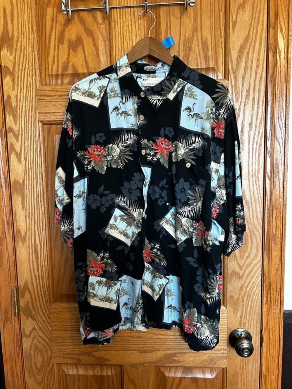 Men's Black Hawaiian Print Shirt with Blue Panels